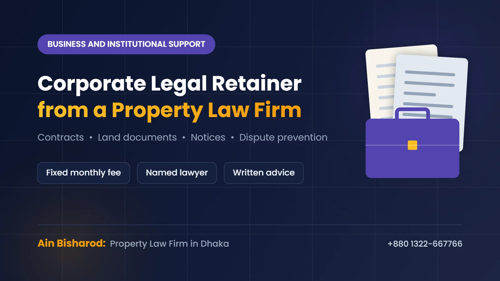 Corporate legal retainer for a property company in Dhaka with contracts and land files