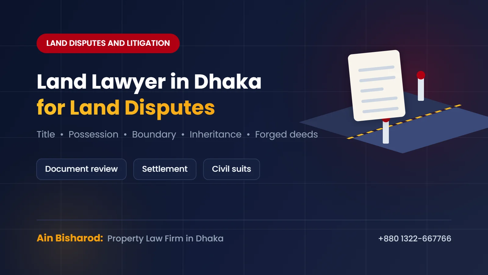 Land dispute lawyer in Dhaka reviewing deeds and khatian records for a title and possession dispute